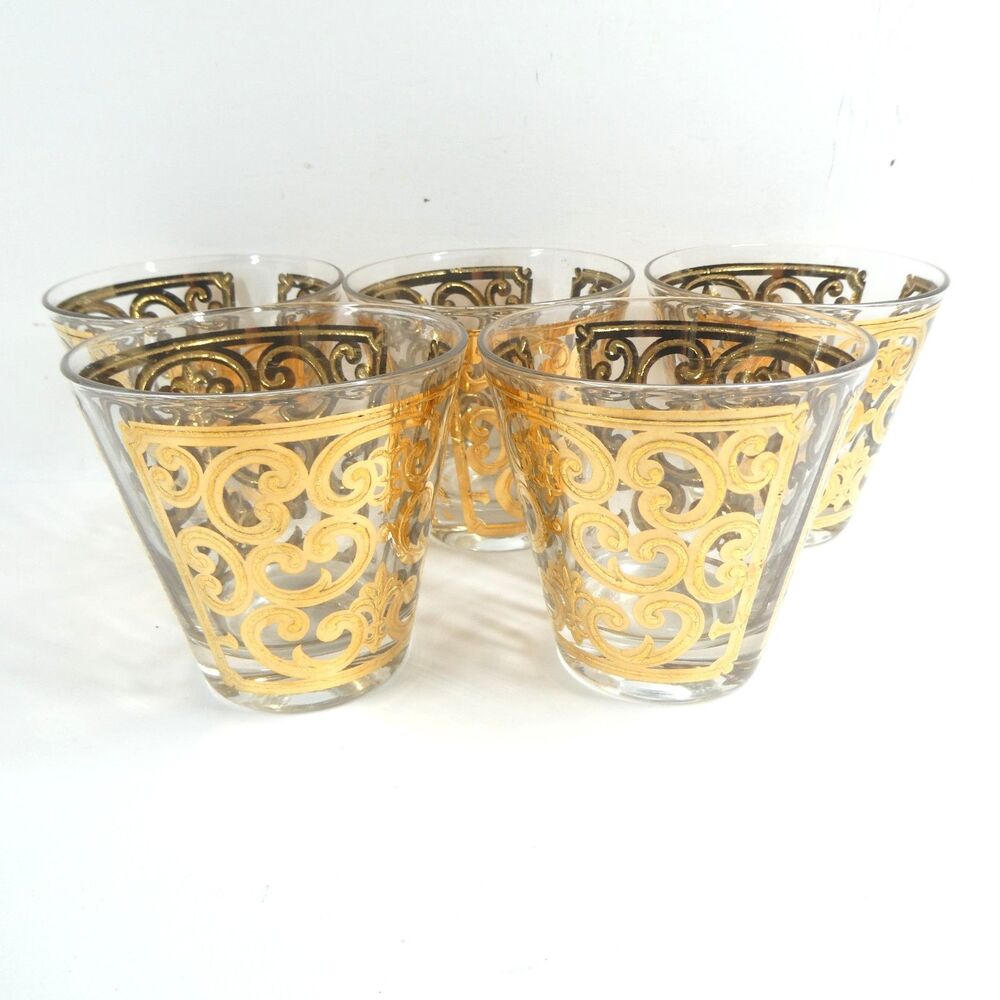 5 Georges Briard 22K Gold Spanish Scroll Lowball Rocks Tumbler Glasses MCM Vtg